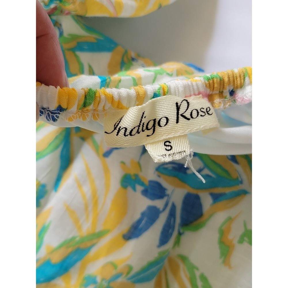 Indigo Rose Dress White Floral Colorful Tropical Tier Puff Sleeve Lined Beachy S - Picture 7 of 9